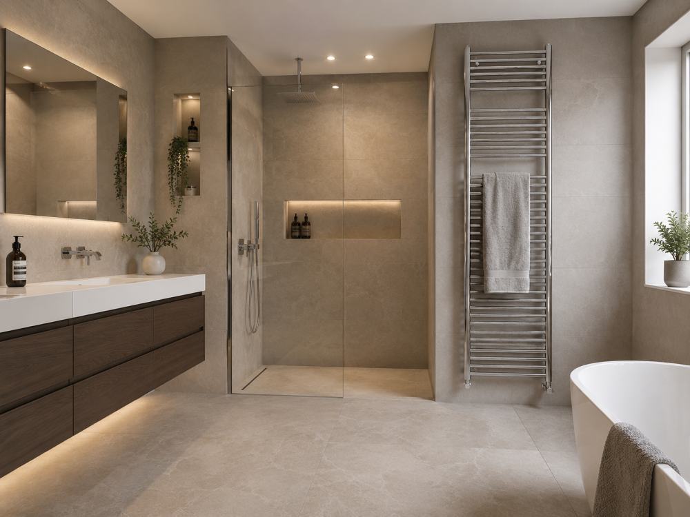 Walk-in shower bathroom with wooden vanity, backlit mirrors, and towel placed on steel radiator rail.