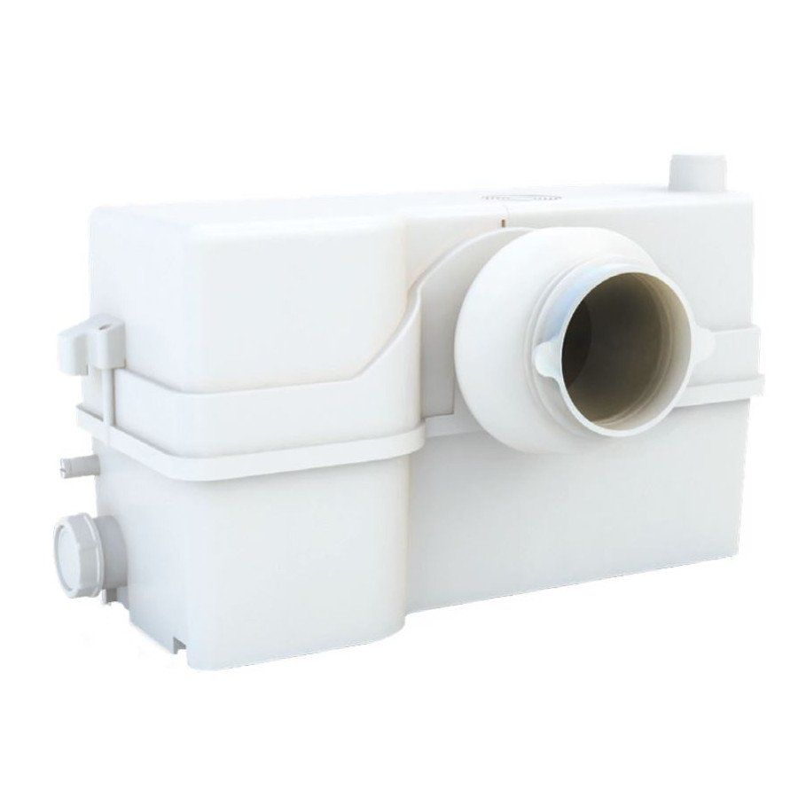 White macerator pump unit with inlet and outlet connections for wastewater drainage systems.