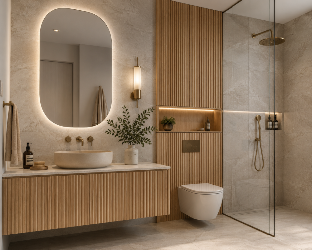 Wood-effect cabinetry with countertop basin, framed glass shower, and pendant lighting in neutral-toned interior.