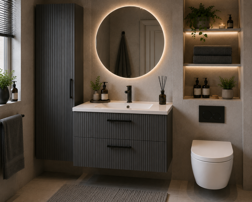 Dark drawer vanity beneath illuminated mirror with shelving for toiletries and indoor plants.