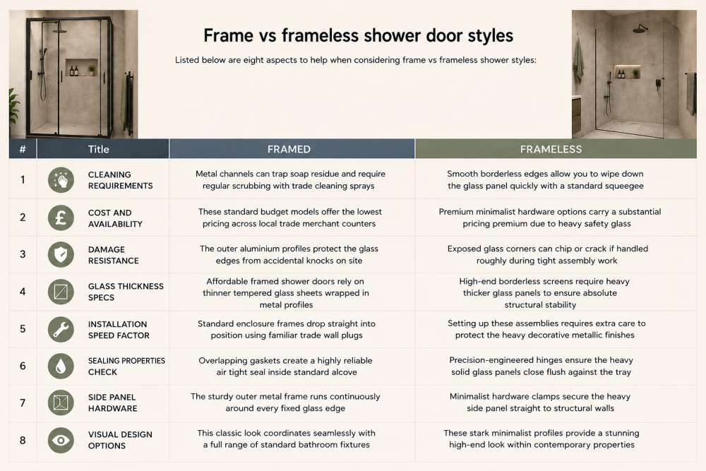 Framed vs frameless shower door comparison infographic showing cleaning, cost, durability, installation, and glass thickness differences.