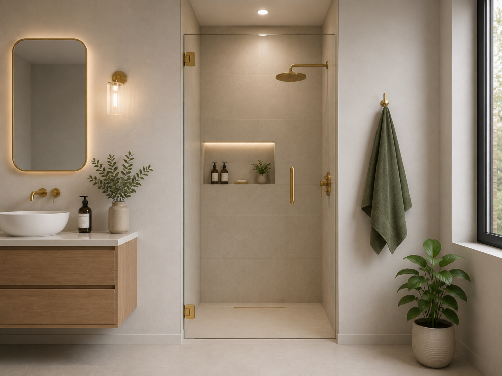 Frameless shower door with brushed brass showerhead, vessel basin, floating vanity, and wall-mounted towel storage.