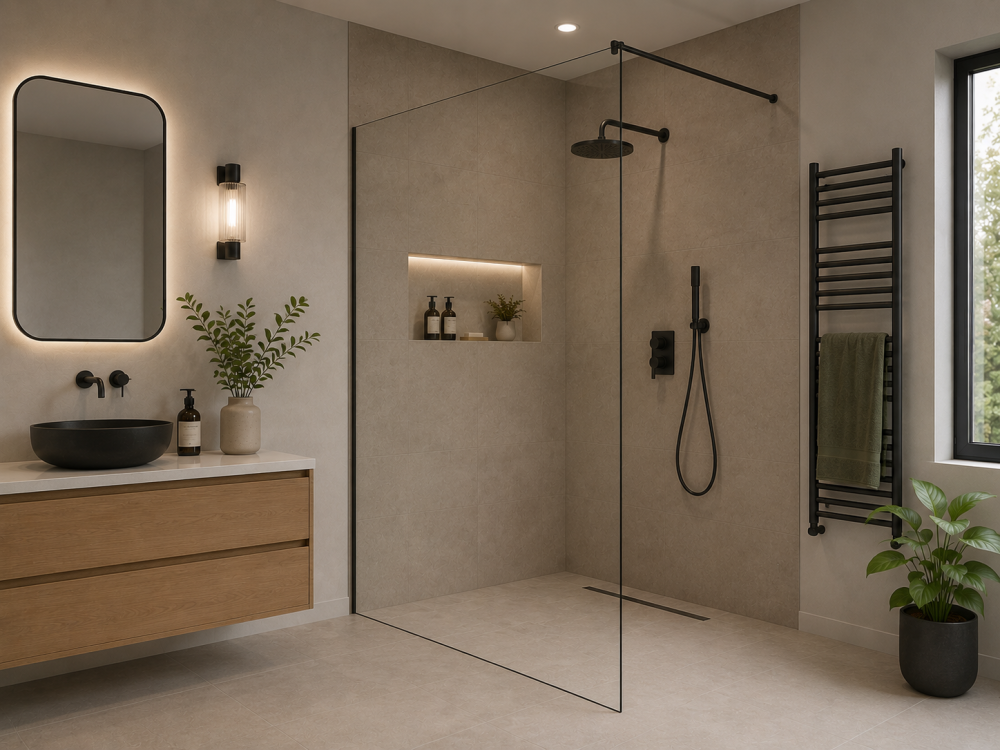 Walk-in shower with glass partition beside wood vanity, mirror, and neutral-toned bathroom accessories.