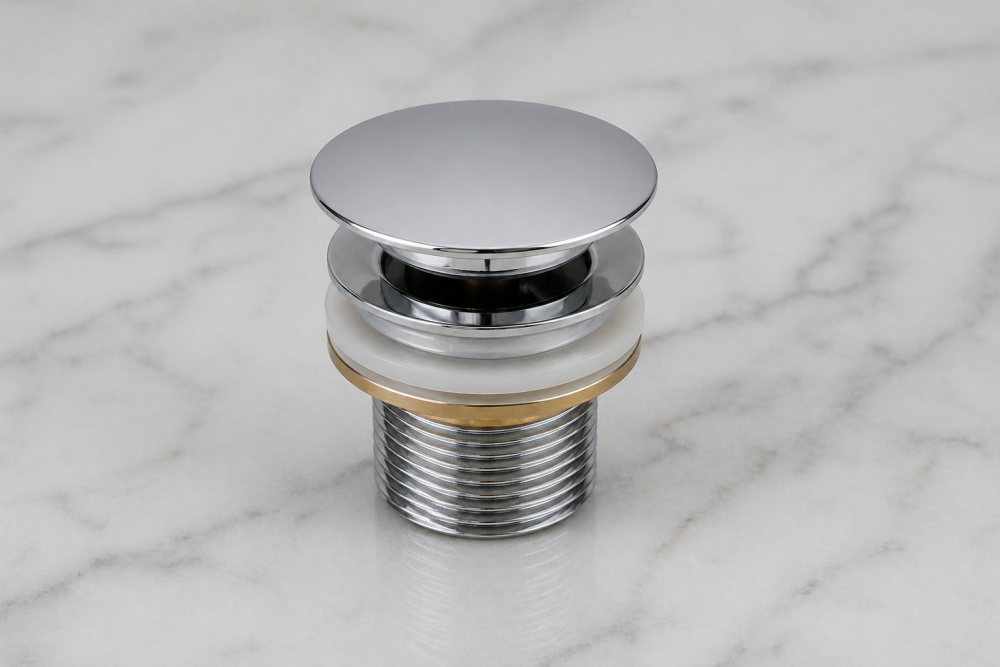 Free flow basin waste with chrome finish, rubber seal, and threaded section for sink installation.