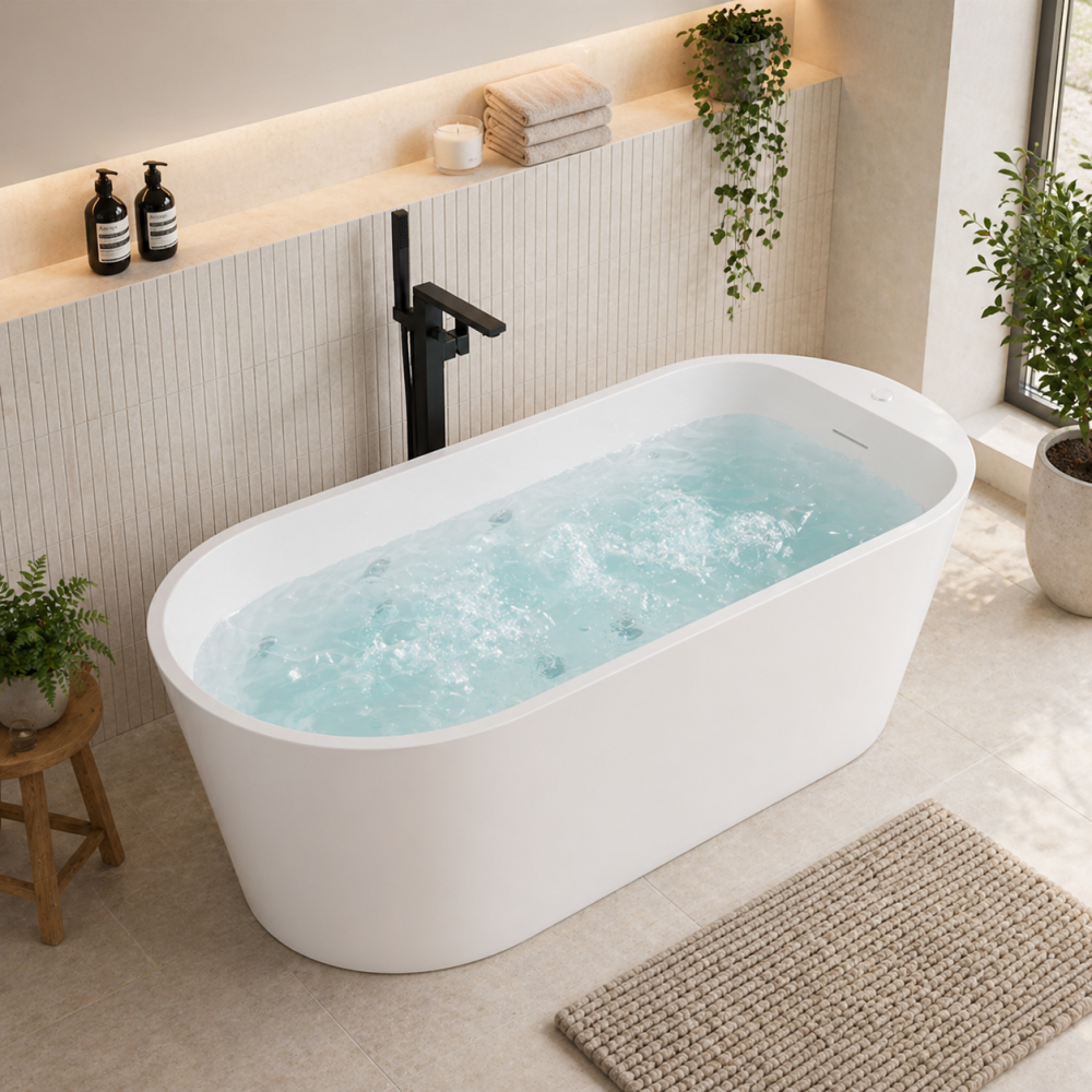 Freestanding spa bath with jets, black tap, and plants in a modern bathroom setting.