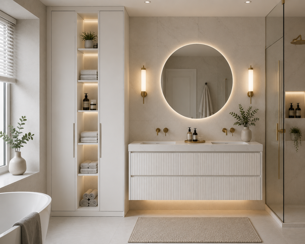 Floating vanity with oversized round mirror, recessed shelving, and walk-in shower in a streamlined bathroom design.