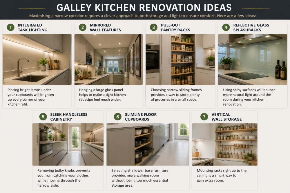 Galley kitchen design with slim cabinetry, open shelving, and compact renovation ideas for small kitchens.