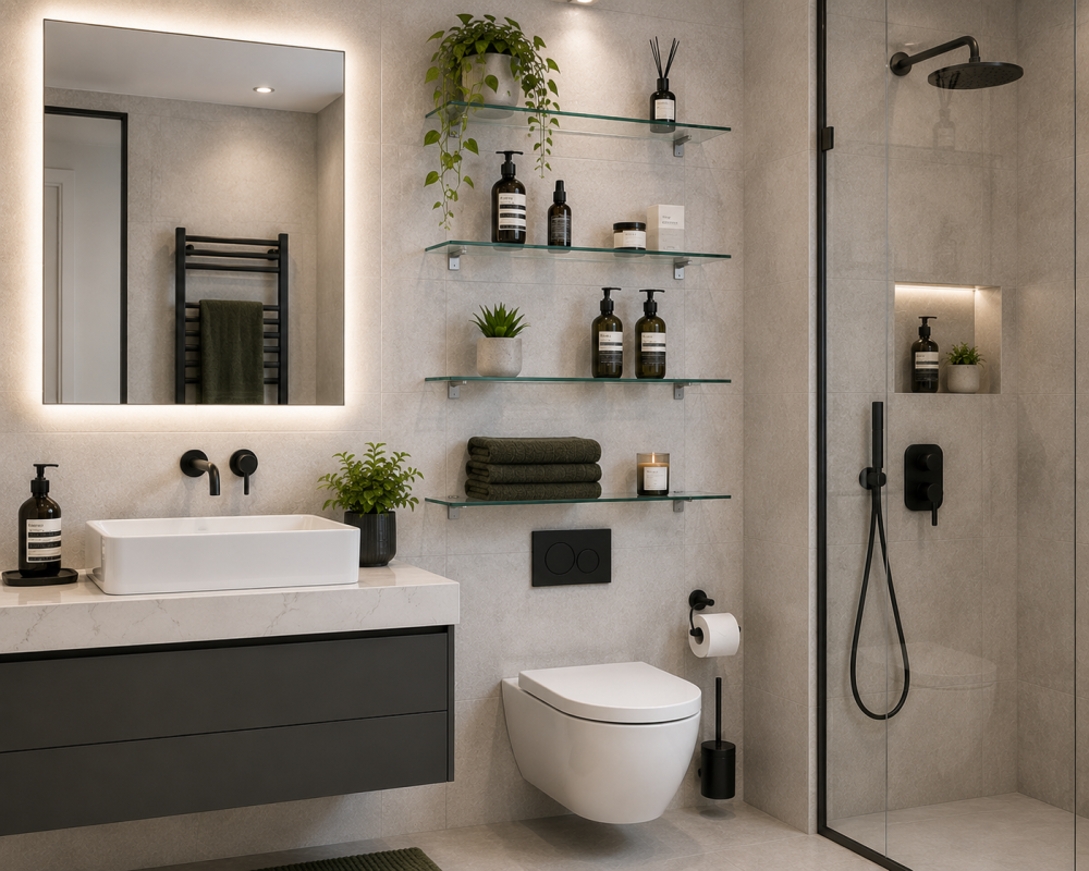 Rectangular basin vanity with black shower fittings, glass shelving, and recessed mirror lighting.