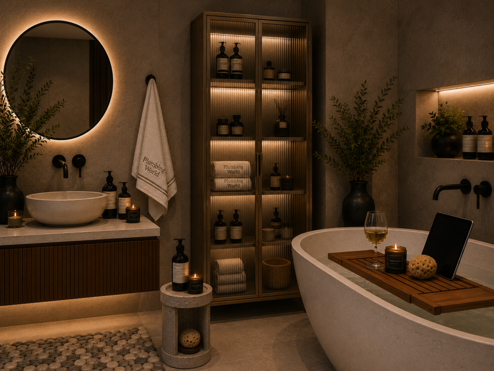stylish bathroom featuring a freestanding bathtub, a round mirror with lighting, fluted glass storage with dark bottles and towels, and plants.