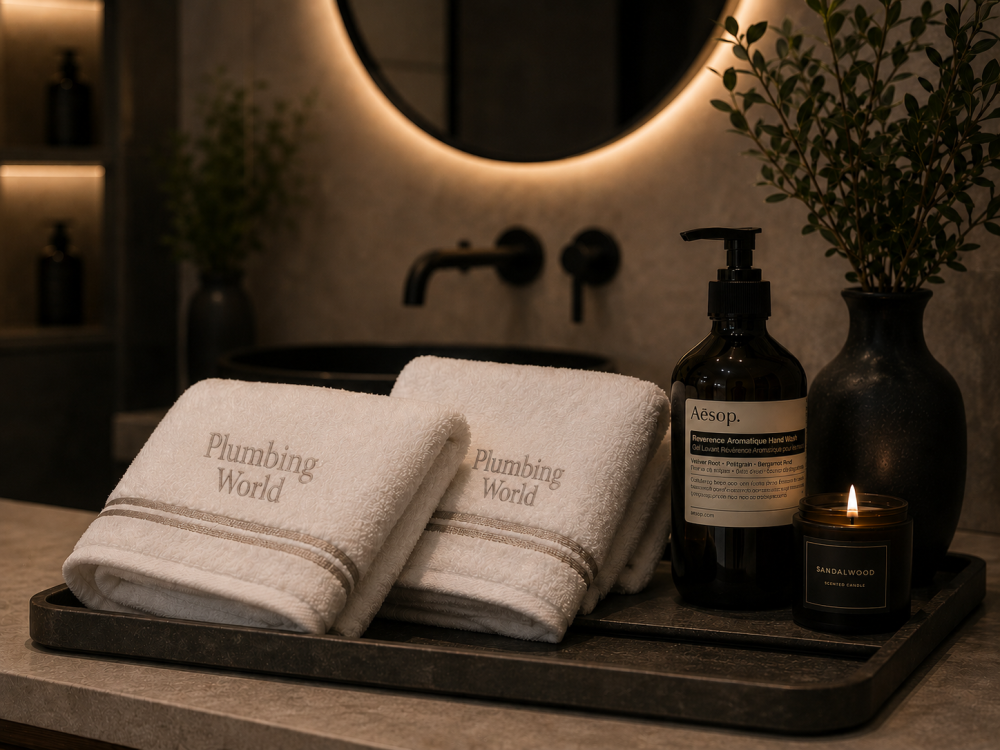 A set of neatly arranged folded towels with the logo 