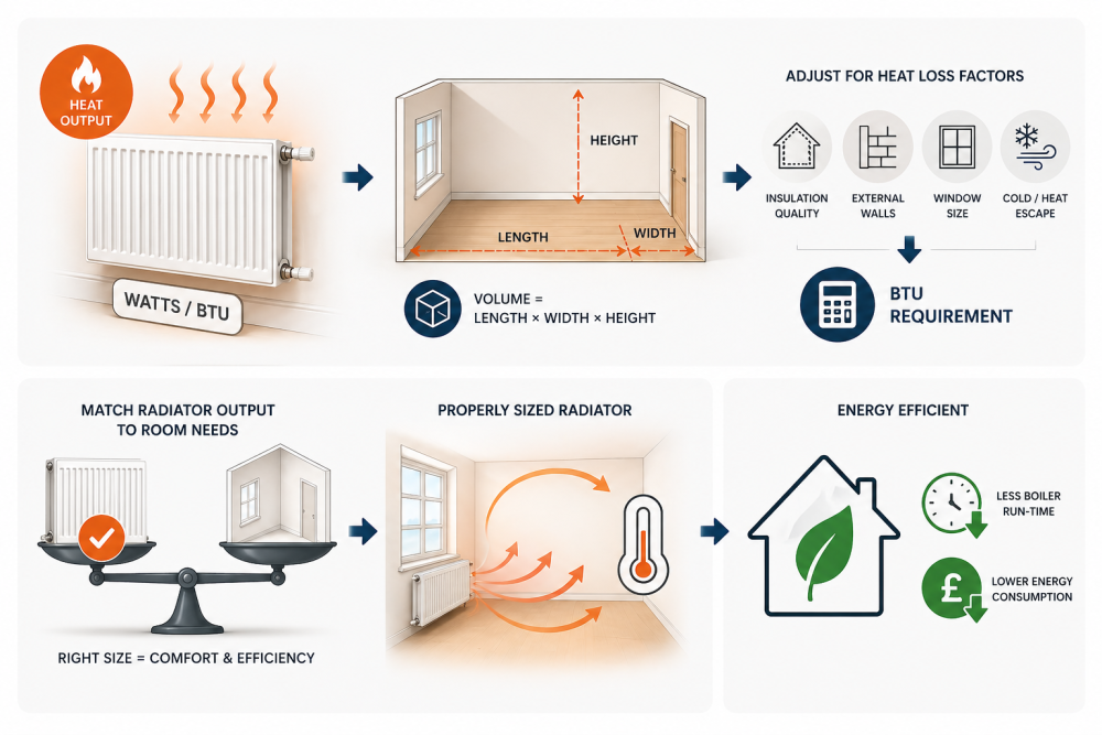 Radiator sizing infographic showing how to calculate room volume, adjust for heat loss, and choose the correct heat output.