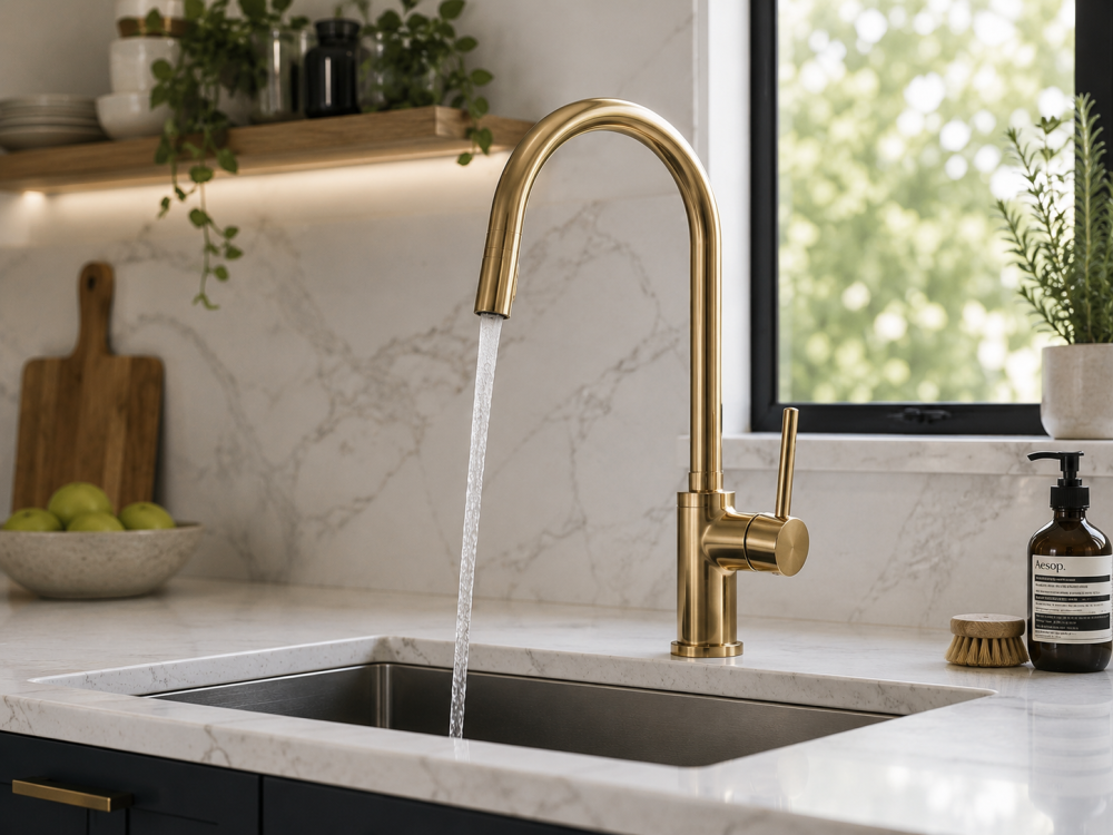 High-arc gold kitchen tap running water into stainless sink with shelves, plants, and window light.