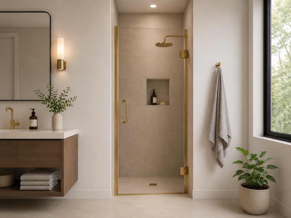 Hinged shower door with brushed brass shower fittings, neutral wall finish, and minimalist vanity unit.