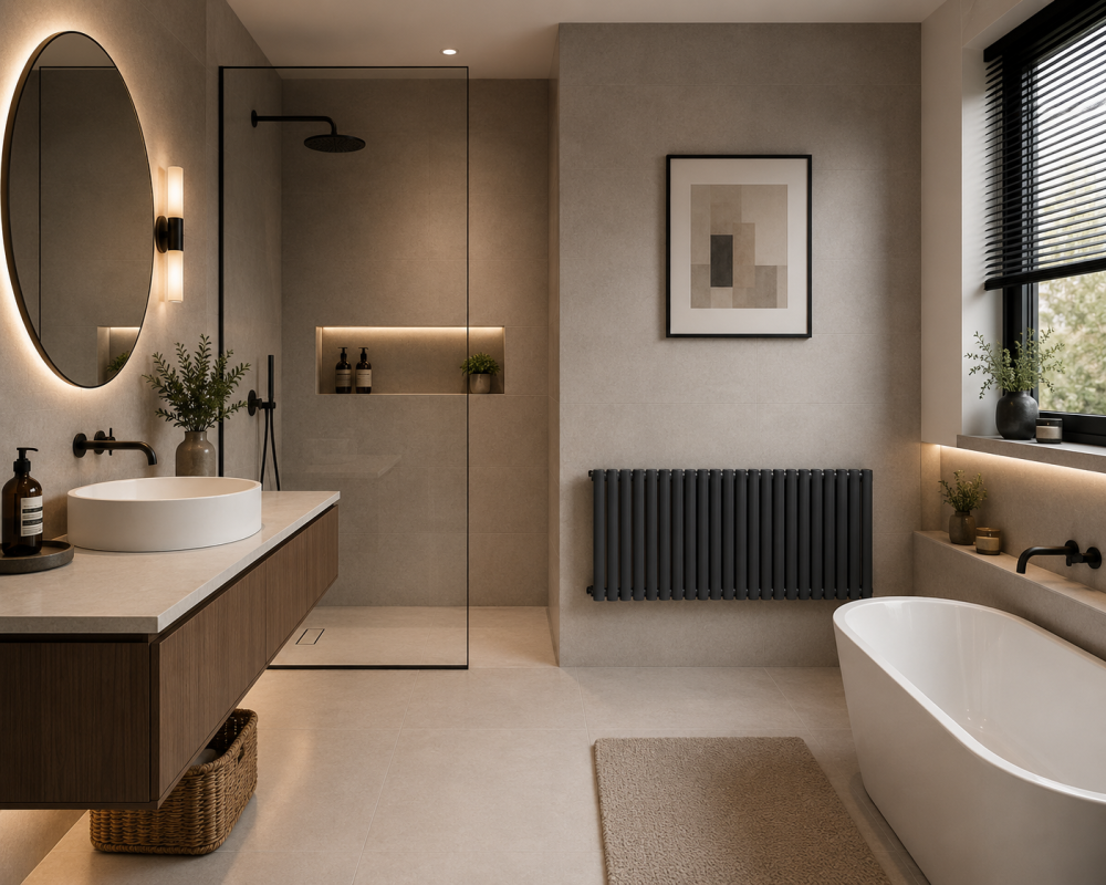 Minimal bathroom with round mirror, floating vanity, glass shower enclosure, and freestanding bath with soft lighting.