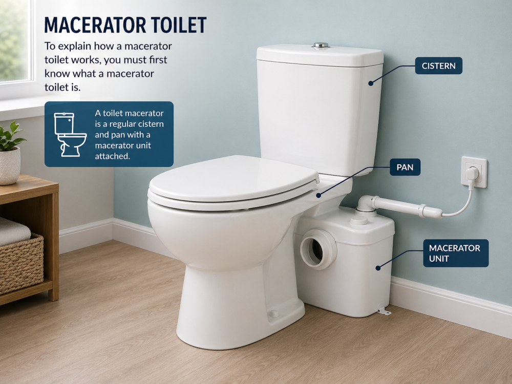 Macerator toilet components diagram showing cistern, toilet pan, and integrated macerator unit.