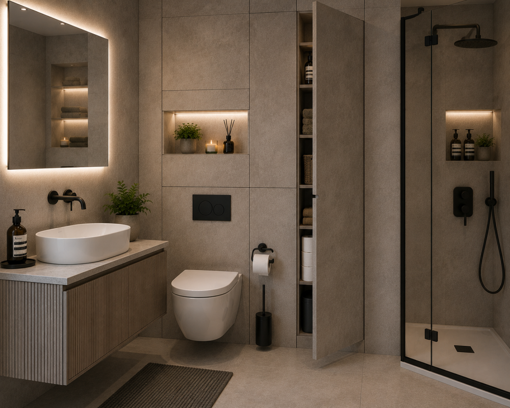 Floating sink unit with wall mirror, glass shower enclosure, and neutral shelving accessories.
