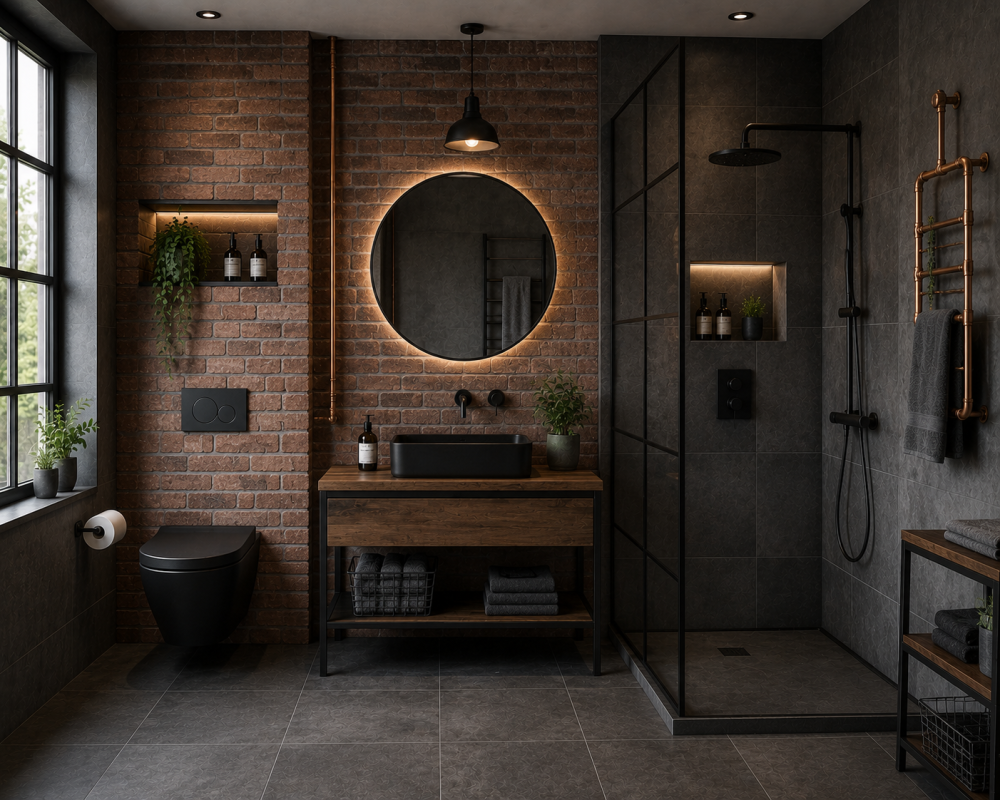 Industrial-style bathroom with exposed brick wall, black fixtures, circular mirror, and framed glass shower.
