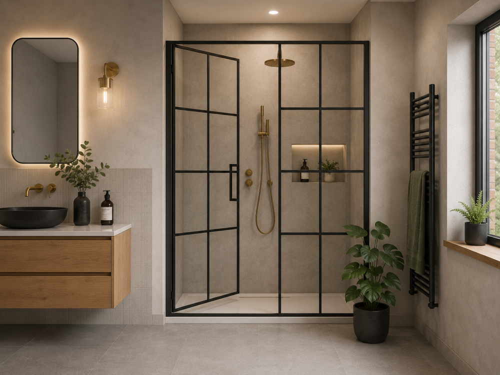 Black framed grid shower enclosure with timber vanity, illuminated mirror, and industrial-style detailing.
