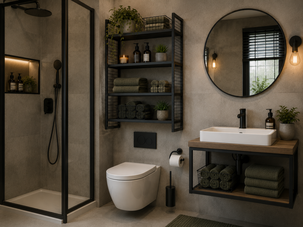 Glass shower enclosure with floating shelf, stacked towels, round mirror, and compact basin unit.