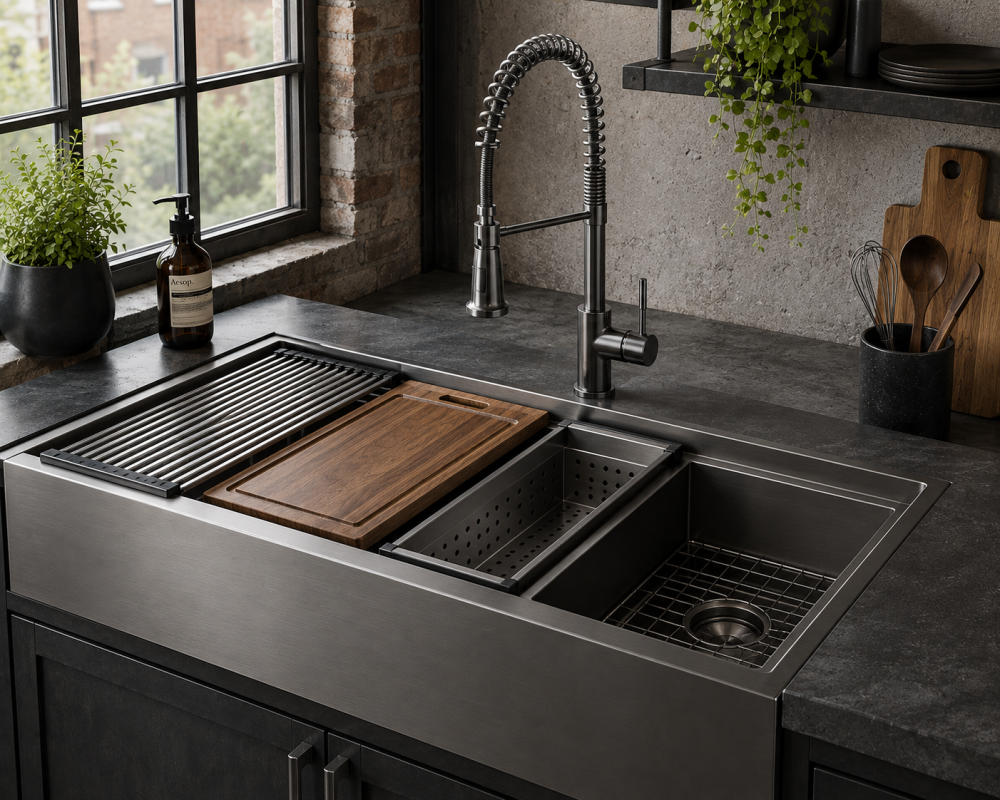Built-in kitchen sink with integrated drainer and cutting board beside large window in rustic-style kitchen.