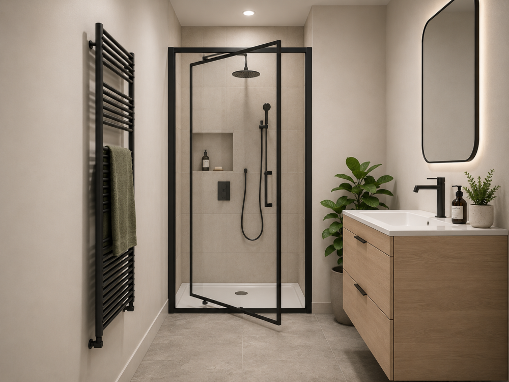 Infold shower door enclosure with wood-effect vanity, twin drawers, mirror, and decorative greenery.