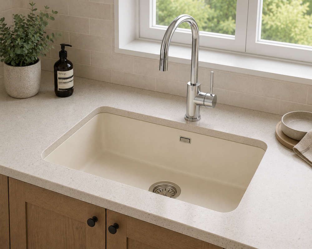 Inset sink with chrome tap built in to a marble kitchen worktop