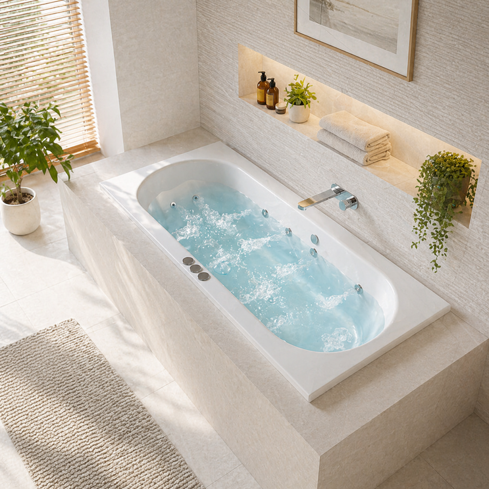 Double ended whirlpool bath in a modern bathroom with wall niche storage, plants, and natural light.