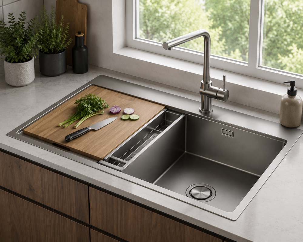 Kitchen sink with chopping board holding fresh herbs and vegetables under bright natural window light.