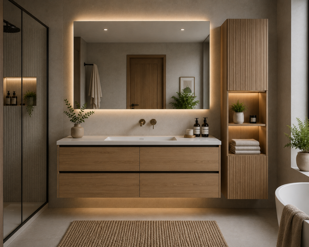 Double sink vanity unit with wood finish, large mirror, greenery, and neutral bathroom styling.