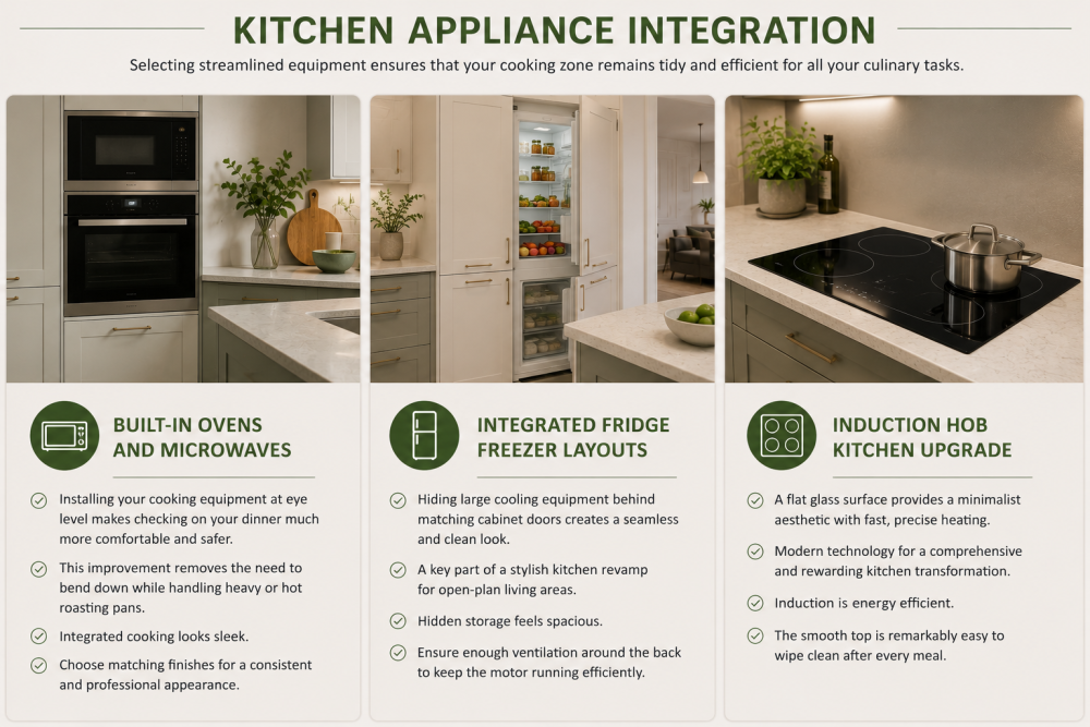 Integrated kitchen appliance guide showing built-in ovens, induction hob, microwave, and concealed fridge freezer.