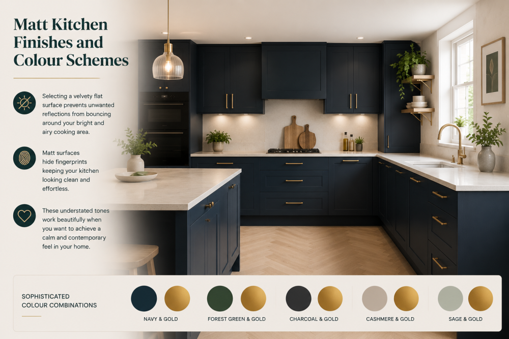 Navy kitchen cabinets with brass handles, white worktops, wooden accents, and muted colour palette inspiration.