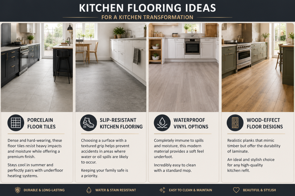Kitchen flooring ideas guide featuring porcelain tiles, waterproof vinyl, slip-resistant surfaces, and wood-effect flooring.