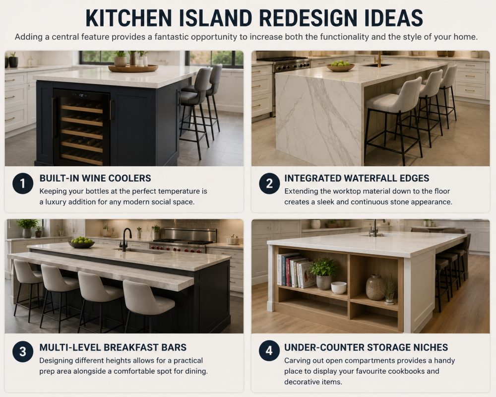 Kitchen island makeover inspiration showing different layouts, finishes, seating, and storage configurations.