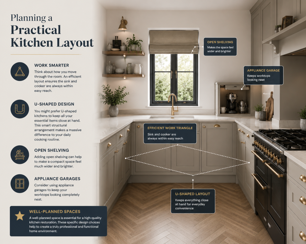 U-shaped kitchen layout with white cabinets, open shelving, appliance garage, and infographic showing storage and workflow tips.