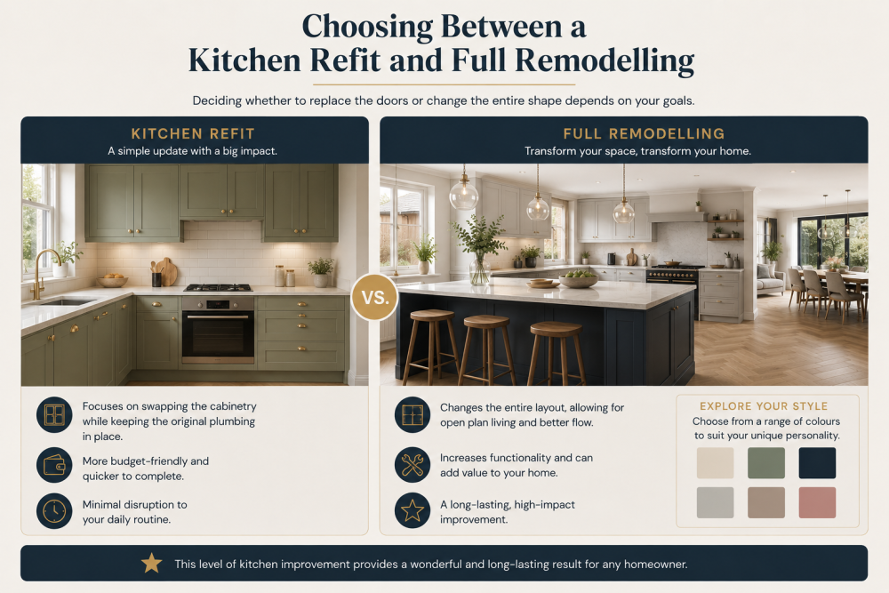Kitchen refit vs full remodel comparison graphic showing benefits, costs, and layout transformation examples.