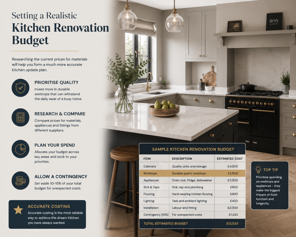 Kitchen renovation budget infographic beside neutral-toned kitchen with island, black cooker, and brass fixtures.