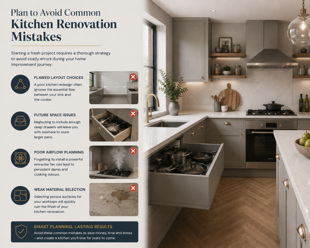 Kitchen renovation mistakes infographic highlighting poor layouts, ventilation issues, and low-quality material choices.