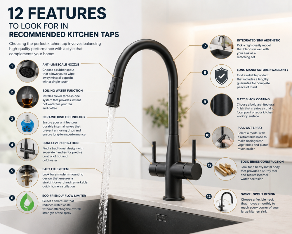 Kitchen tap features infographic showing black faucet with labels for boiling water function, anti-limescale nozzle, and dual lever control.