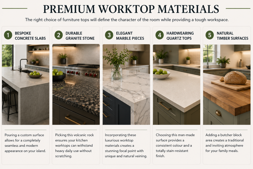 Granite, marble, and quartz kitchen worktop comparison showing textures, colours, and surface finishes.