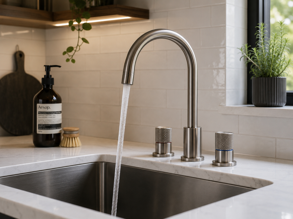 Stainless kitchen sink with chrome tap, soap dispenser, cutting board, and white tiled backsplash.