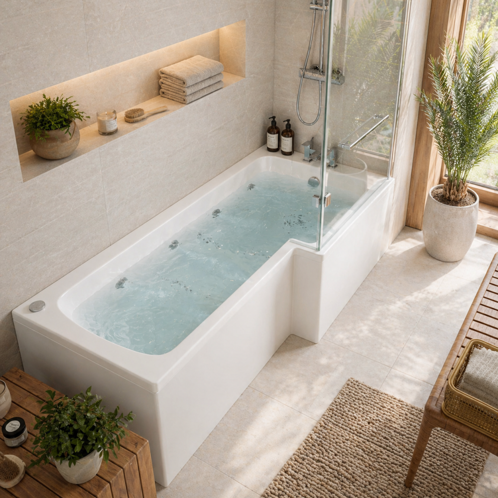 L-shaped whirlpool bath with glass screen, beige tiles, and minimalist bathroom decor.
