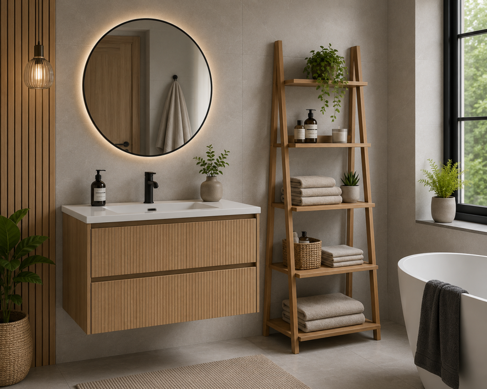 Wood vanity with round mirror, ladder towel shelf, freestanding bath, and natural décor accents.