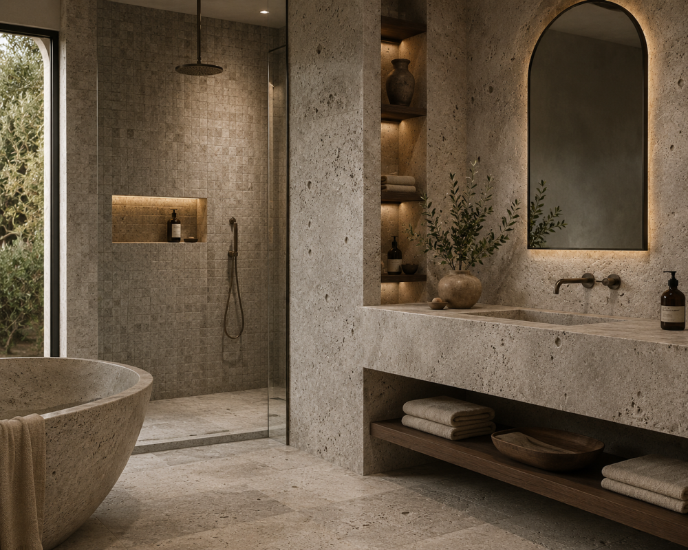 Freestanding bath positioned beside textured stone wall with soft feature lighting and natural décor accents.