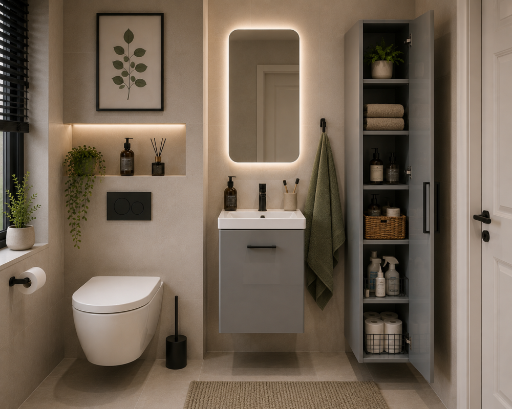 Wall-hung toilet beside floating basin unit, mirrored storage cabinet, and plant-filled shelving.