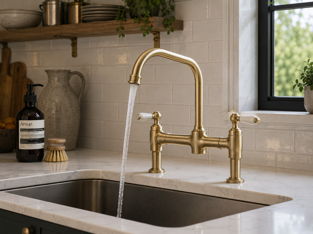 Brass kitchen tap pouring water into sink on marble countertop with rustic shelves and plants.