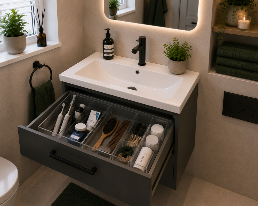 White countertop basin with illuminated mirror and pull-out drawer organiser for toiletries.