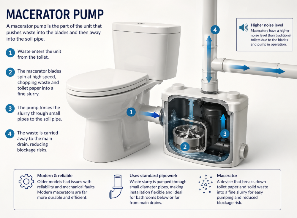 Toilet macerator pump diagram illustrating waste flow, macerating process, and pumping into standard pipework.