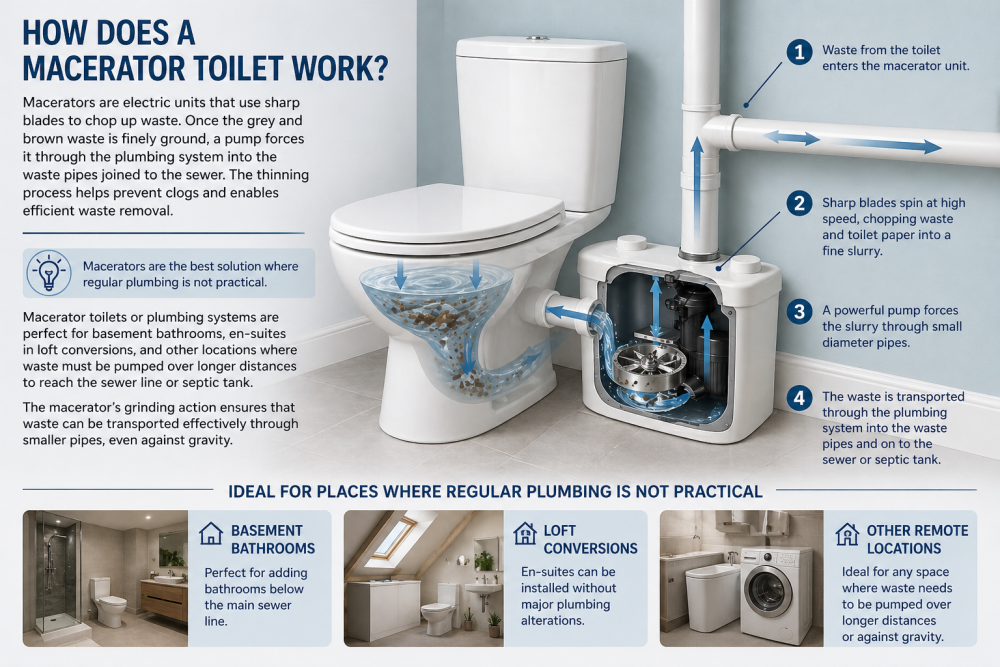 Macerator toilet infographic explaining how the system works and suitability for basements, lofts, and remote bathrooms.