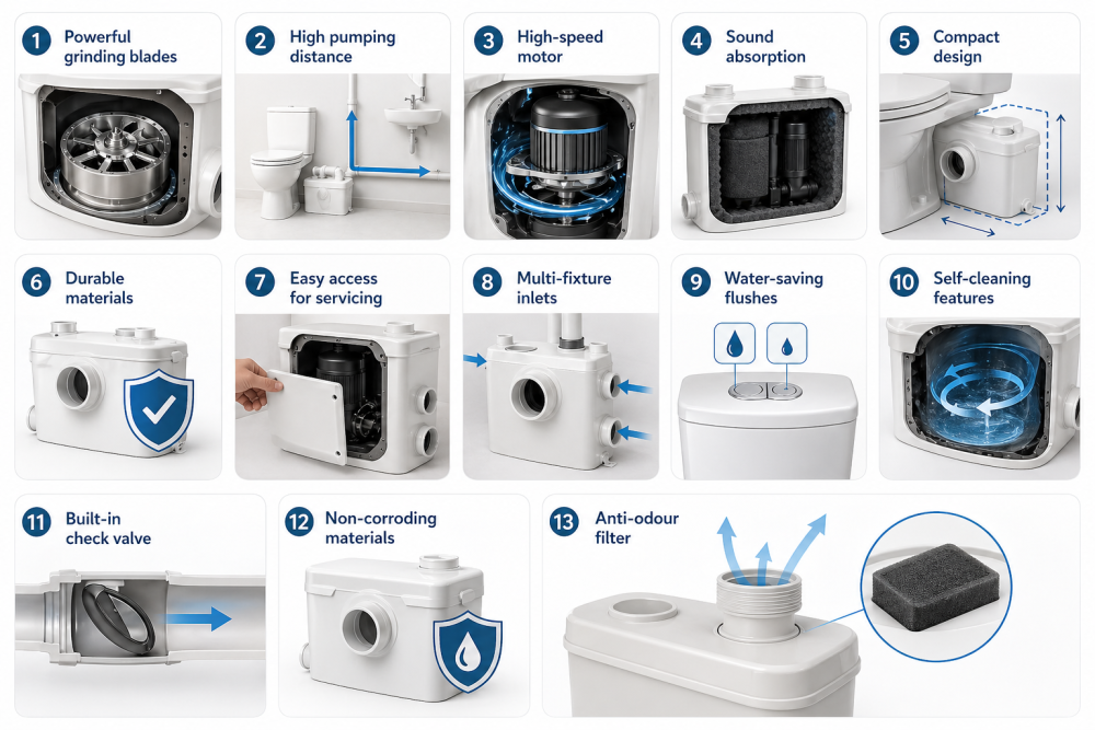 Compact macerator pump diagram highlighting features like grinding blades, pump distance, quiet operation, and anti-odour filter.
