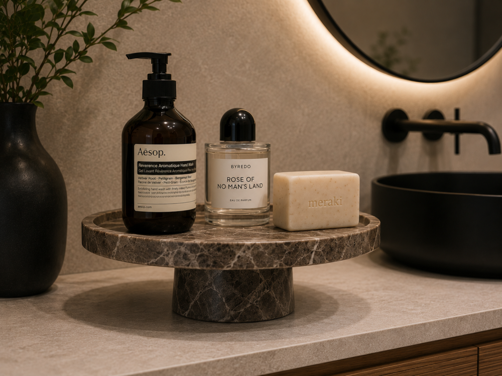 A marble tray on a bathroom countertop holding hand wash, perfume, and a soap bar near a black sink and round mirror.